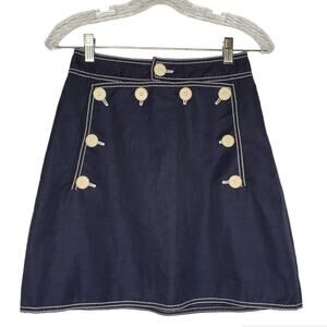 Stella McCartney navy skirt, sailor-style button detailing, white topstitching